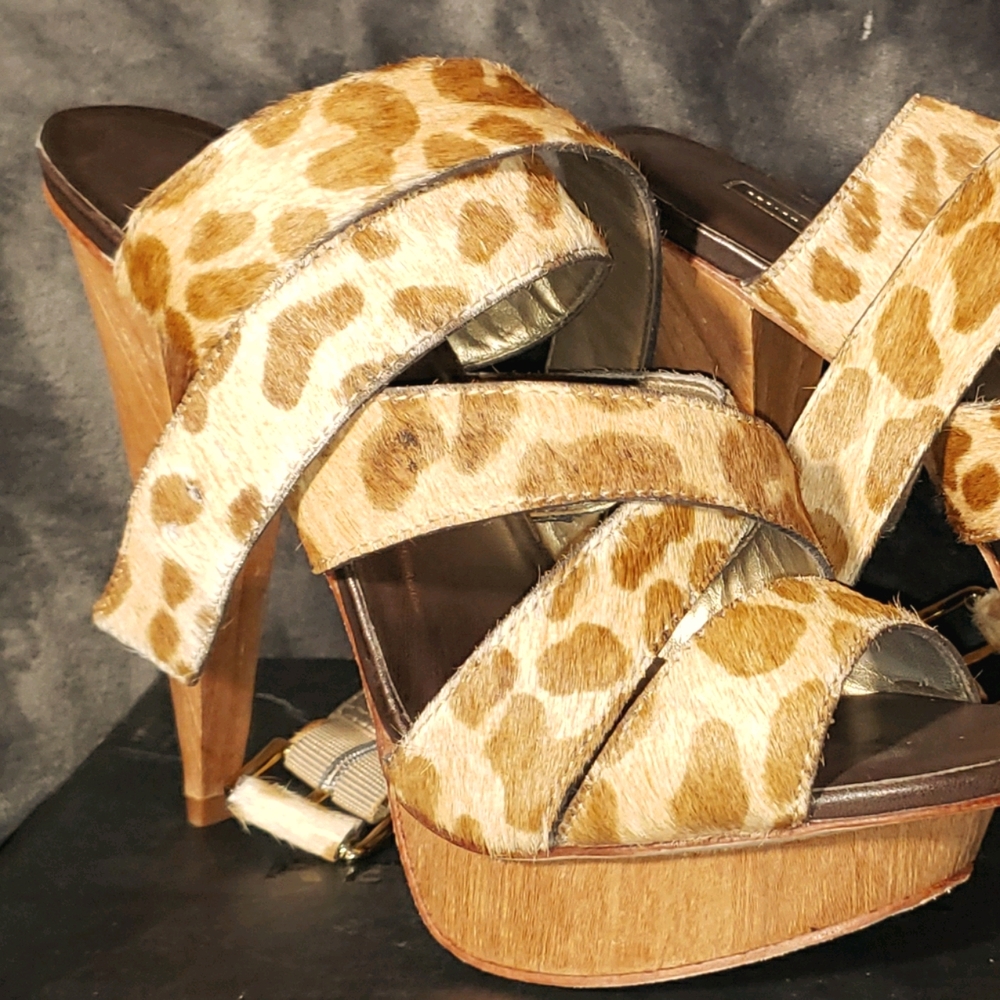 Leather and haircalf wooden platform heel